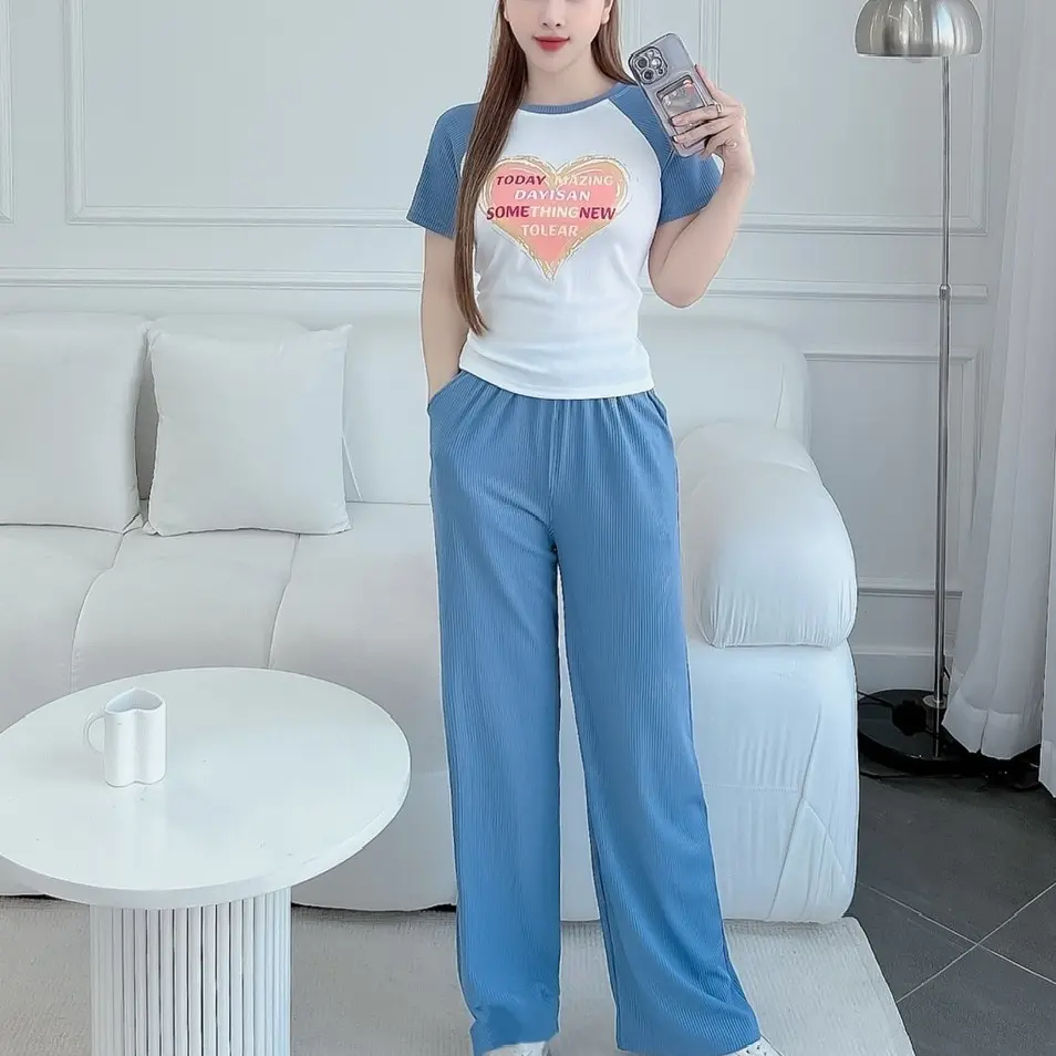 Set Đồ Bộ Thun Gân Tăm Lạnh Ống Suông Dành Cho Nữ Women Áo Top Ong Cam