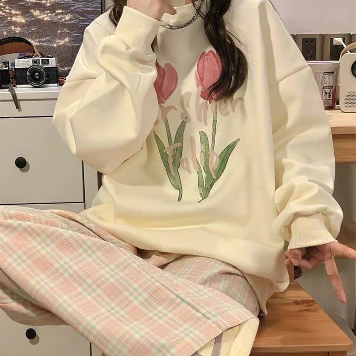 Áo sweater nữ . áo nỉ cổ tròn nữ chất nỉ bông dày đẹp in hình hoa tulip Hoodie