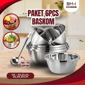 Paket 6 PCS Baskom Premium Pencuci Sayur Bahan Stainless Steel Tebal Free Centong Sayur Stainless Wadah Pencuci Buah Sayur Baskom Berkualitas