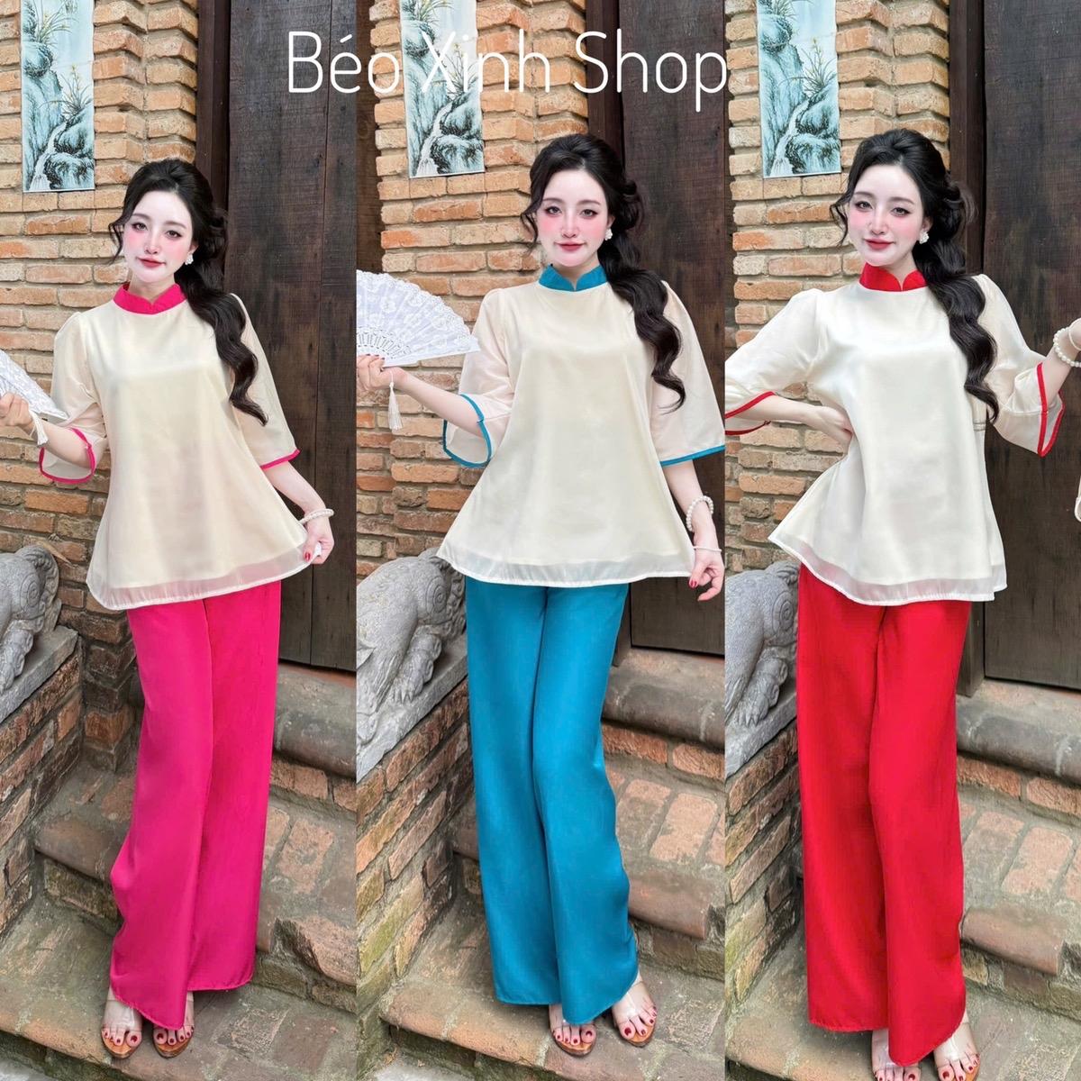 Áo Dài Cách Tân Vải Áo Tơ Ánh Kim 2 Lớp Quần Lụa Chéo 40-95Kg Nữ Women Dress Voan - A.1458