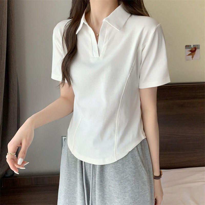 Product Introduction of Summer New Korean Style Polo Collar Solid Color Short-Sleeved Top for Women Slim Casual All-Match T-shirt Women 6