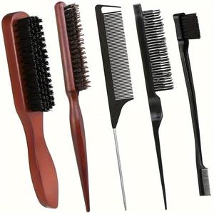 Set de Cepillo y Peine para Cabello de Cerdas de Jabalí, 5 Piezas/set Herramienta de Estilizado para Cabello Rizado y Liso, Herramienta de Estilizado sin Calor para Hombres y Mujeres