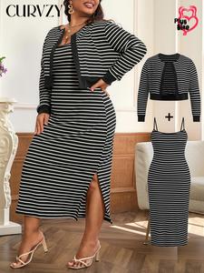 CURVZY Plus Size Autumn Aesthetic Two-piece Set Striped Print Button Front Ribbed Cardigan & Split Thigh Cami Dress, Casual Long Sleeve Outwear & Sleeveless Dress for Daily Wear, Women's Two-piece Outfits for Spring & Fall