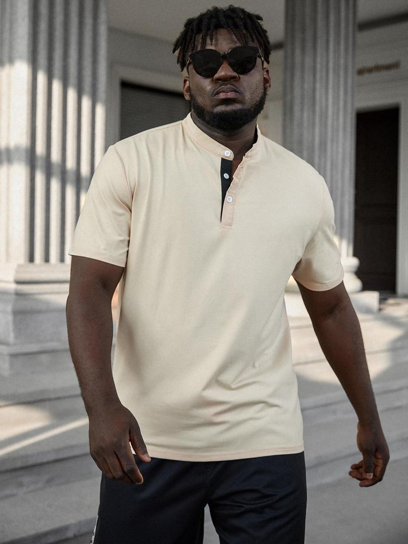 Product Introduction of Men's Plus Size Solid Half Button Mock Neck Polo Shirt, Summer Clothes, Regular Fit Short Sleeve Button Front Top for Daily Outdoor Wear, Fashion Casual Men Plus Size Clothing for Summer 7