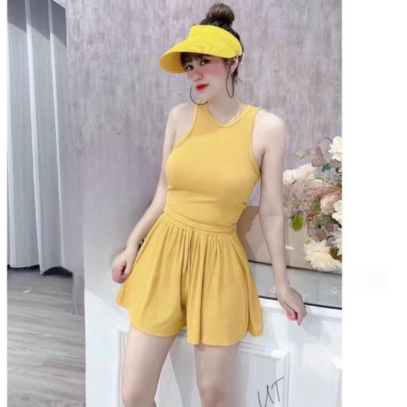 Sét bộ nữ áo thun 3 lỗ cổ tròn kèm quần đùi xoè cuốn biên vải thun tăm quảng châu size dưới 53kg mã hp66