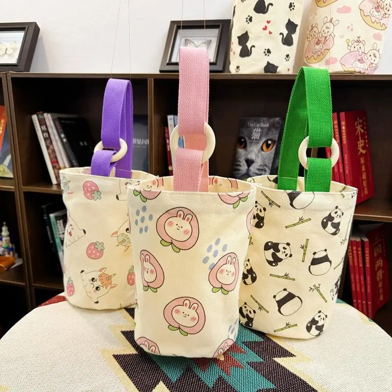 Túi vải canvas đựng bình ly giữ nhiệt có quai xách cute, Túi đựng bình hoạ tiết hoạt hình gấu trúc xinh xắn 3