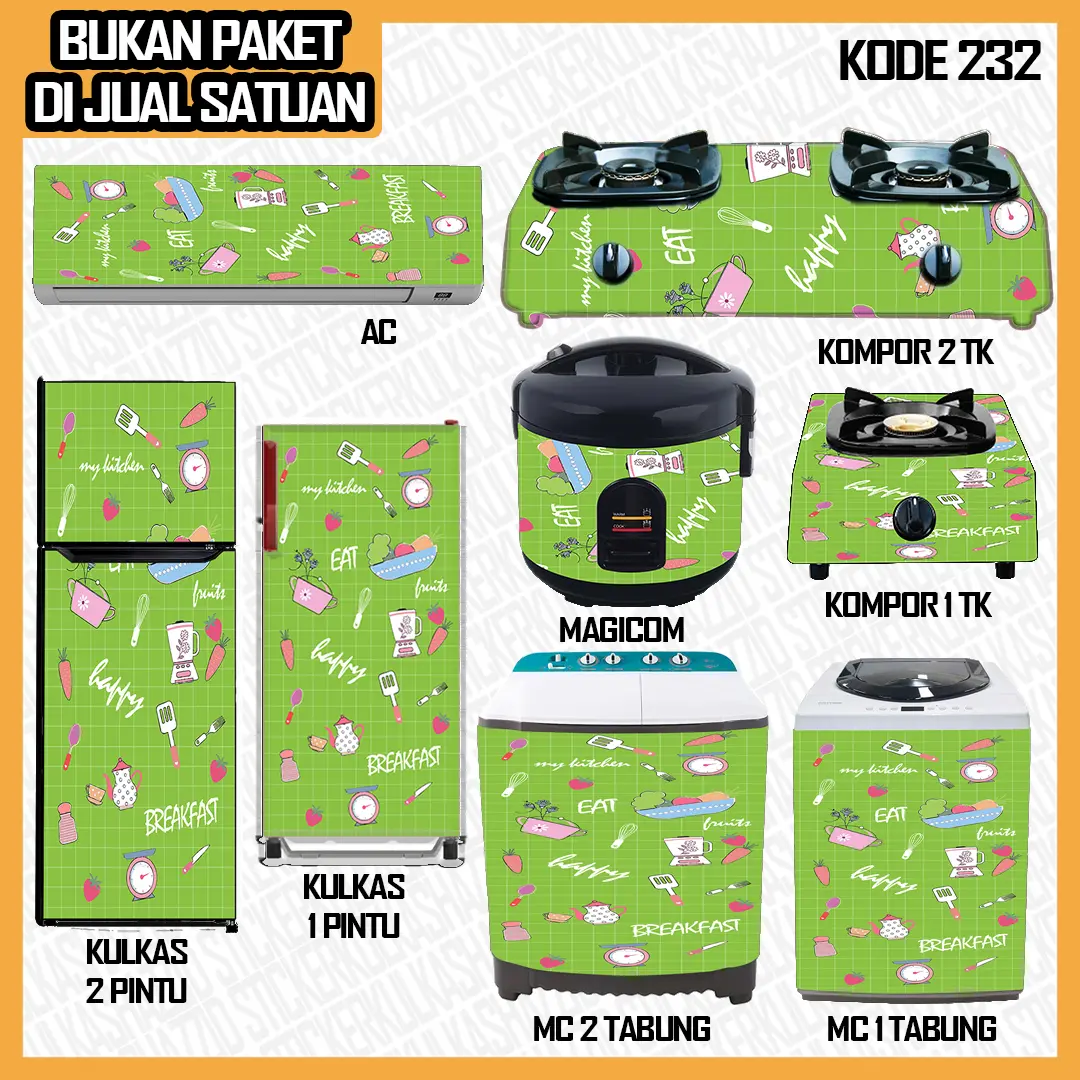 Dekorasi Stiker Kulkas 1 Pintu / Stiker Kulkas 2 Pintu / Stiker Kompor / Stiker Mesincuci / Stiker Ricecooker/ Stiker Ac Cetak Sendiri