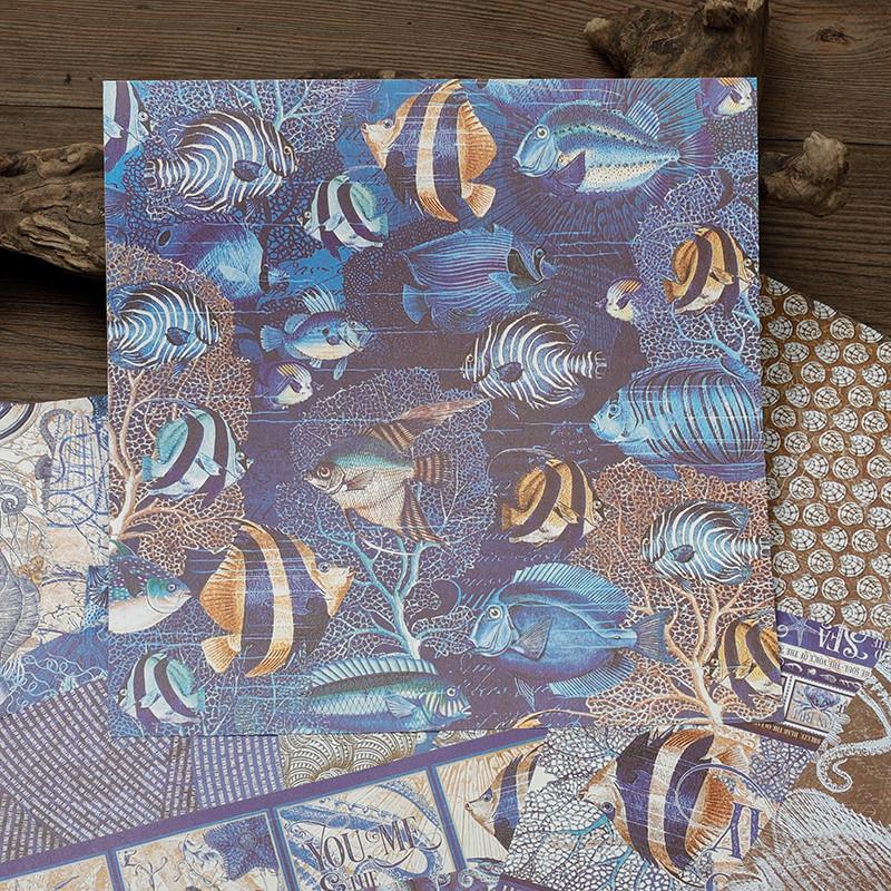 Product Introduction of 16sheets Marine Life Themed Vintage Material Paper, Retro Handbook Background Paper, DIY Decoration For Scrapbooking & Journal Making 16