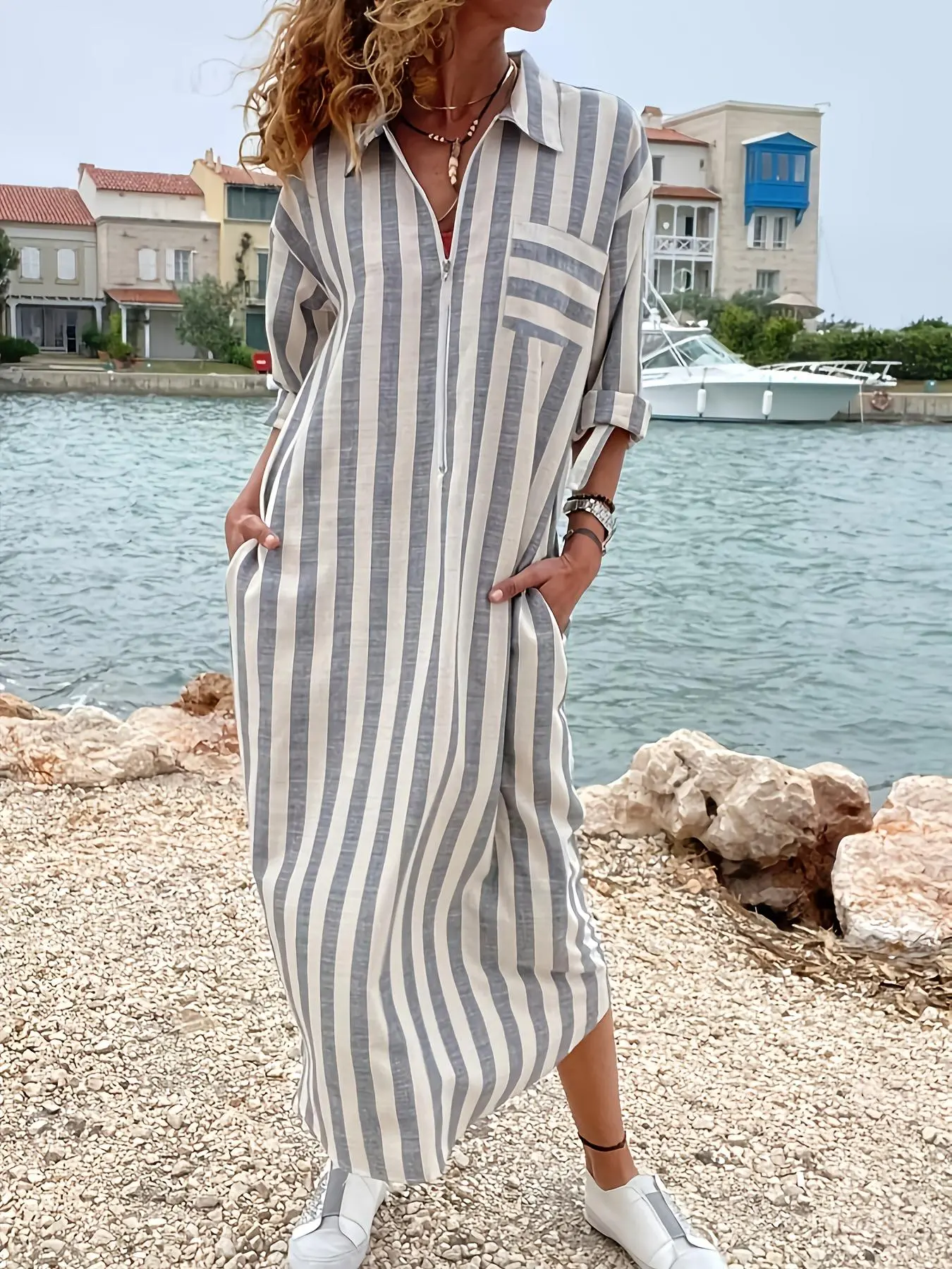 Women's Striped Print Button Front Shirt Dress, Elegant Collared Dress for Spring & Fall, Ladies Clothes for Daily Wear