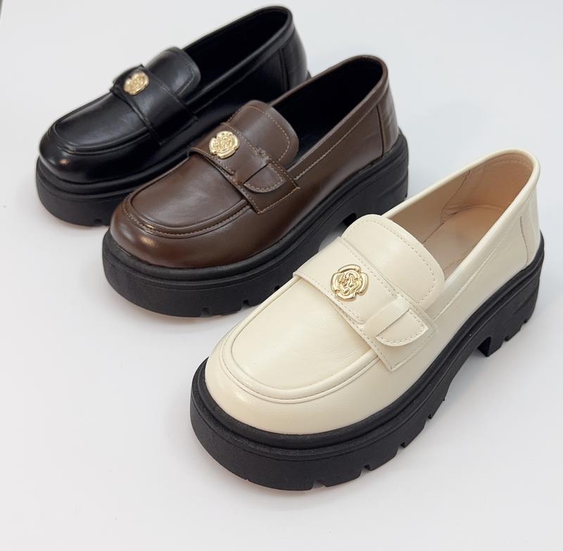 (Form Rộng) Giày Oxford Nữ Da Bóng Đính Hoa Trà Cao Cấp Đế Cao 5cm LuxyShoes LX153