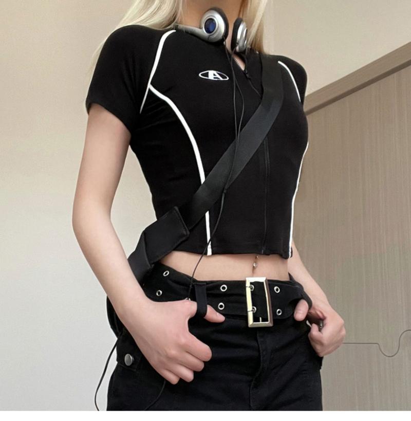 Product Introduction of Áo Cardigan Có Khóa Kéo, Phong Cách Xe Máy Mỹ, Áo Thun ngắn Tay Dành Cho Nữ, Có Sọc Nụ Thêu, Màu Đen, Áo Thể Thao Và Thể Dục Dễ Phối Đồ 5