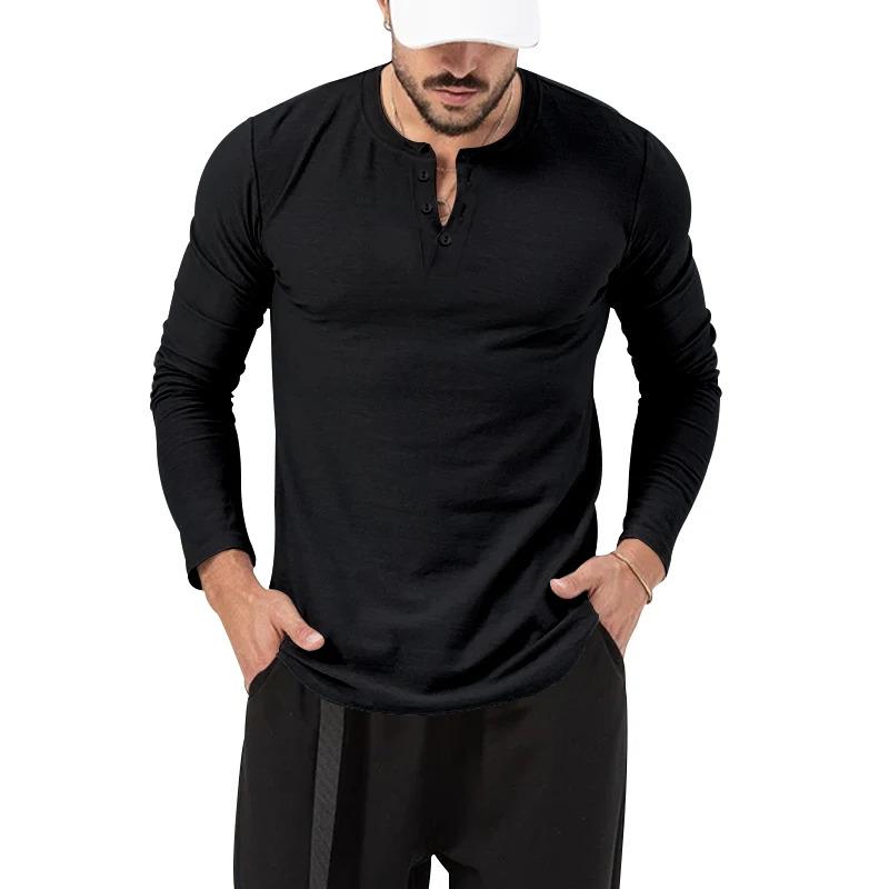 Áo Thun Nam, Cổ Tròn, Màu Trơn Cài Nút, Dài Tay, Henley, Áo Sơ Mi Lớp Nền Thể Thao Thường Ngày 6