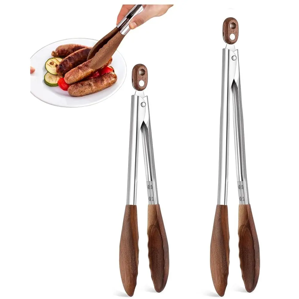 Wooden Tongs for Cooking & Serving Food, 2 Counts Stainless Steel Salad Tongs with Wood Tip, Baking Utensils for Home Kitchen Picnic Dining Room Party