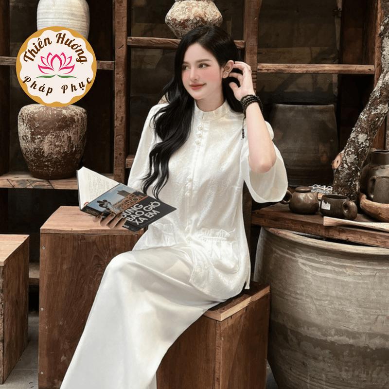 Set đồ đi chùa nữ cổ tàu đính ngọc lụa gấm tiểu thư Bộ lễ chùa dáng xuông Pháp phục đi chùa cách tân Nhẹ nhàng