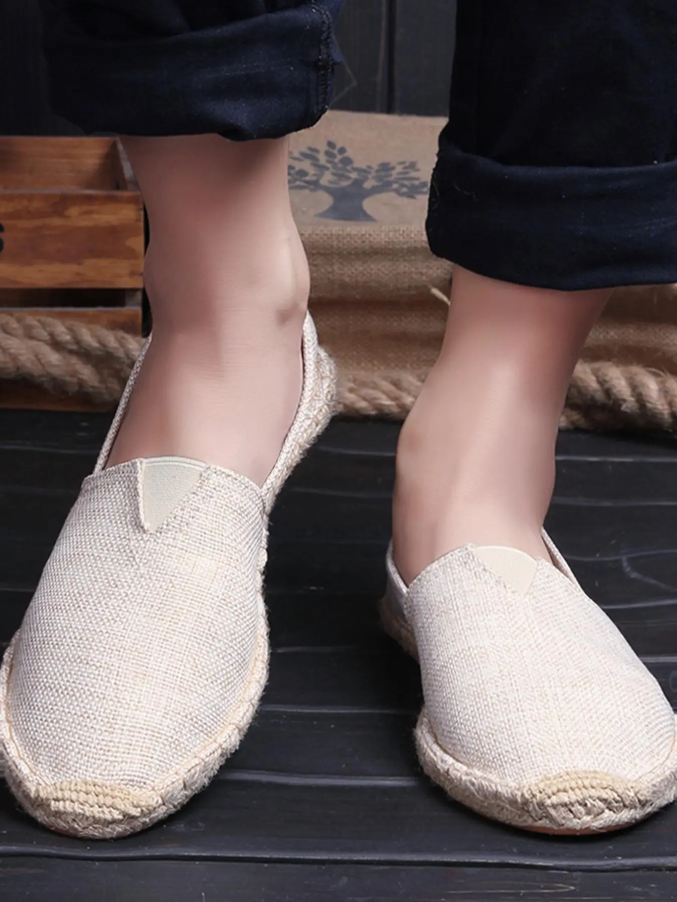 Men's Simple Plain Slip-on Straw Loafers, Casual Lightweight Fisherman Shoes For Daily Outfit