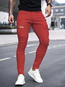 Men's  Solid Color Distressed Ripped Skinny Jeans, Tight-fitting Street Fashion Casual Comfy Pocket Denim Pants for Daily Wear, Men's Bottoms for All Seasons