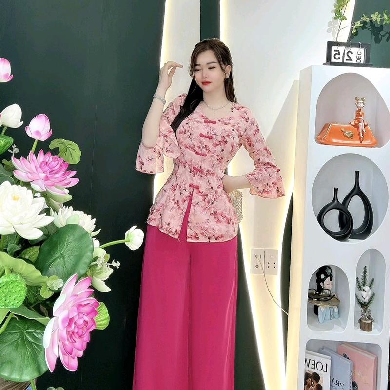 bộ bà ba lụa hoa mango kiểu cổ tim style hiện đại cho mẹ và con gái, Pháp phục đồ lam có bigsize đẹp sang trọng
