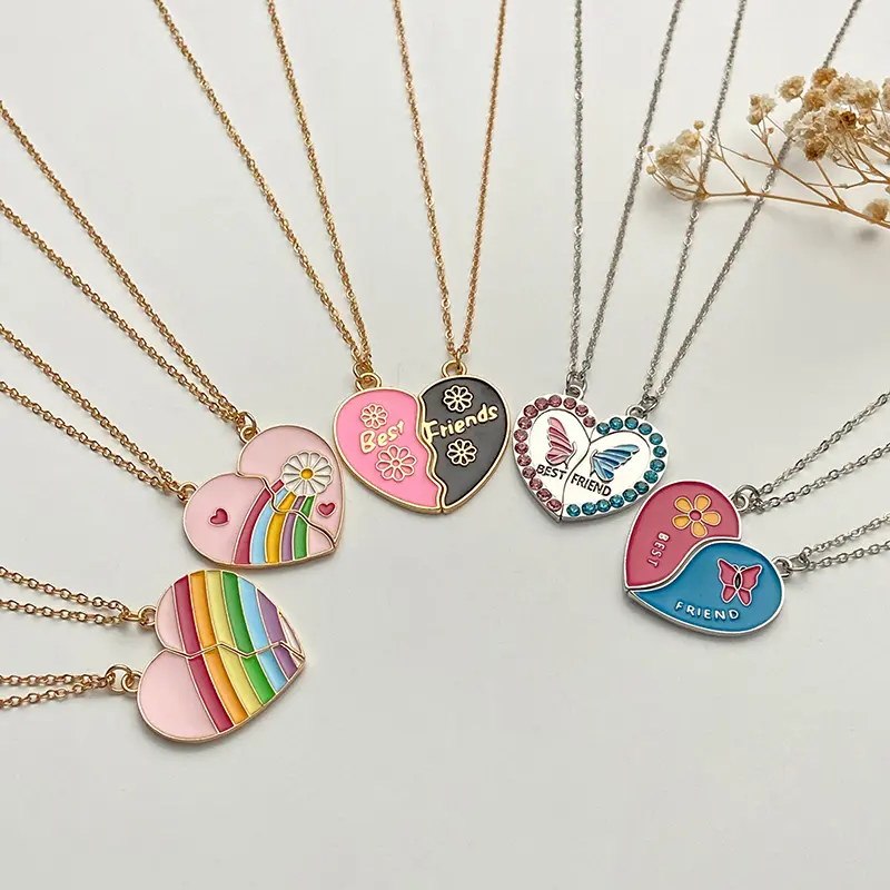 2PCS Ins Style Heart Rainbow Stitching Necklace Fashion Pendant Alloy Clavicle Chain For Children Best Friend Jewelry Gifts