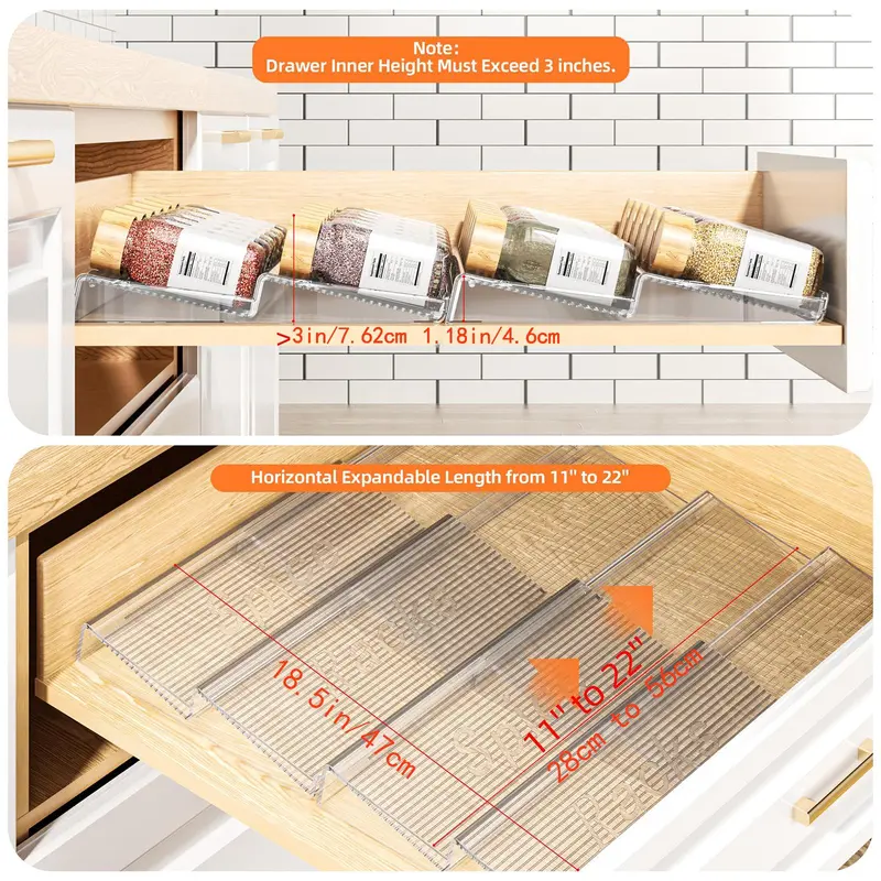 Expandable Acrylic Spice Drawer Organizer, 2 Sets 4 Tier Clear Kitchen Seasoning Rack, Kitchen Storage Organizer for Home Dining Room 6