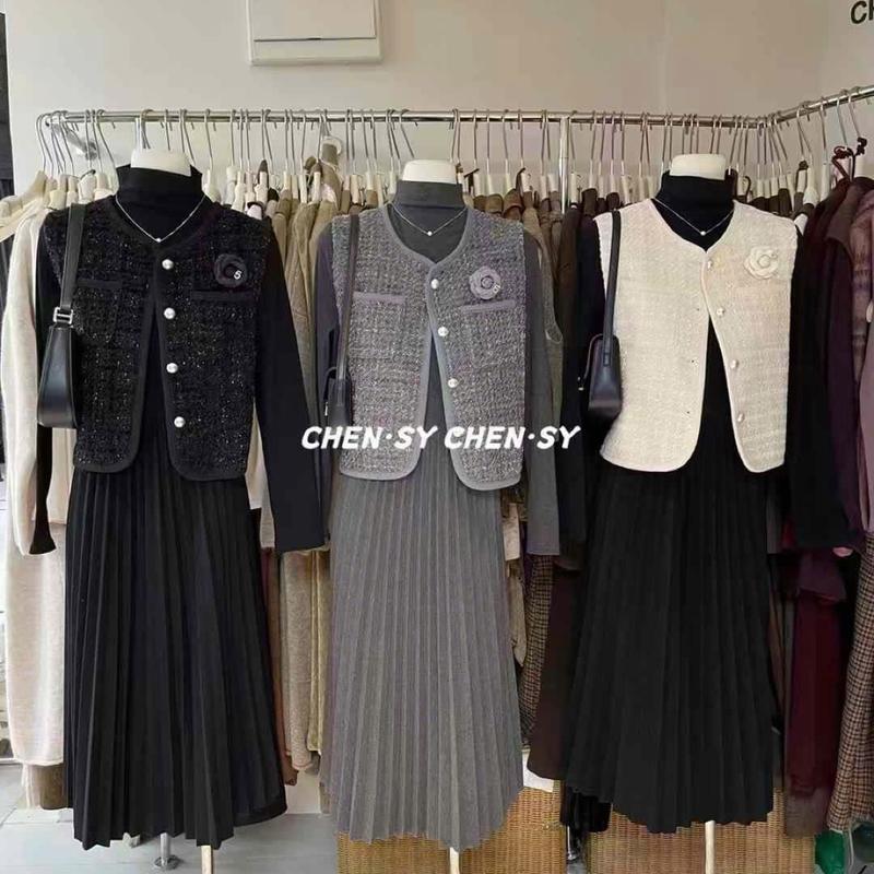 [Mami.closet] Set váy dạ hàng qc, set 2 chi tiết váy giữ nhiệt chân dập ly + áo gile dạ tweed cho nữ, váy mặc được cả bầu và sau sinh.