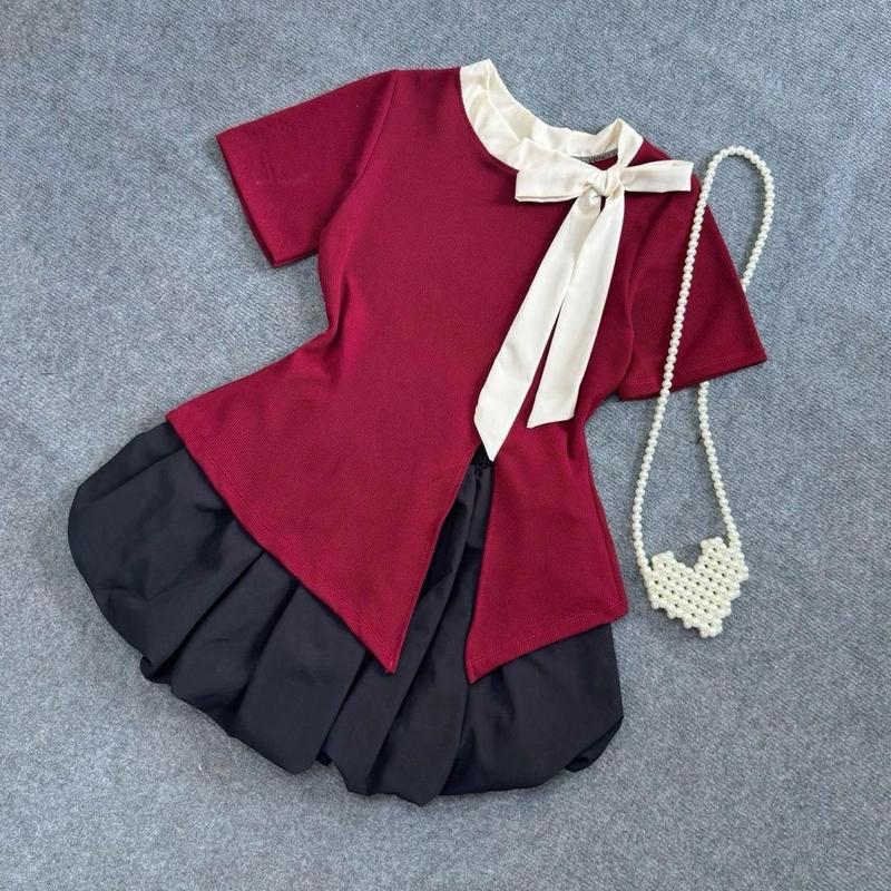  Set Bộ Bigsize Nữ Áo Kiểu Nơ Lệch Tiểu Thư Chất Thun Ruby Phối Váy Bí Xòe Vải Xoa Lưng Cao SET935 Women Top Ống Loe 