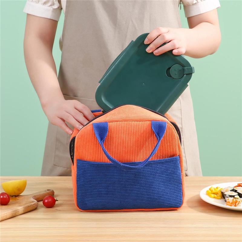 Product Introduction of Colorblock Corduroy Bento Bag, 1 Count Insulated Lunch Bag, Lunch Box Storage Bag for Work & School, Household Kitchen Gadgets 11