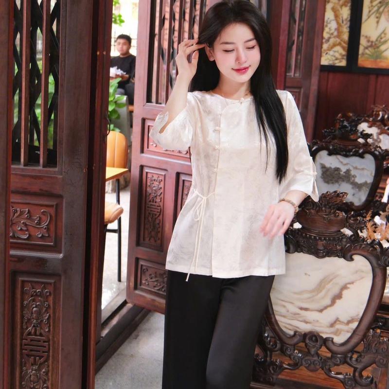 Bộ pháp phục đi lễ chất gấm hàng châu tay xẻ vân xoáy 4
