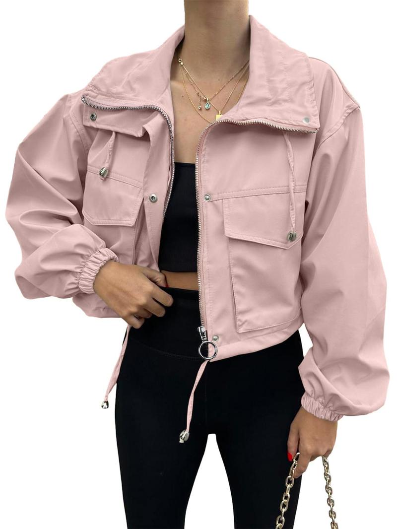Product Introduction of Women's Solid Zip Up Crop Jacket, Casual Fashionable Pocket Lightweight Outerwear, Ladies Spring & Fall Clothes, Clothes for Women 2