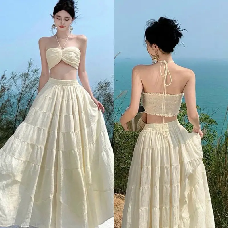 Sét váy nữ maxi đi biển du lịch áo kiểu cổ yếm kèm chân váy nữ Top vaynu hot đầm body 0
