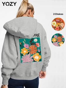 YOZY Women's Floral & Letter Print Drop Shoulder Hoodie, Fashion Casual Kangaroo Pocket Hooded Sweatshirt for Daily Holiday Outdoor Wear, Women Clothing for Fall & Winter