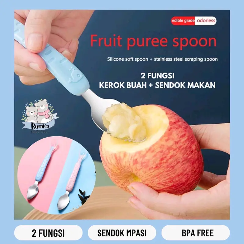 Sendok Kerok Buah Sendok Makan MPASI Bayi Stainless dan Silikon 2in1 0