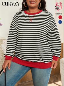 CURVZY Plus Size Striped Print Contrast Binding Drop Shoulder Tee, Casual Long Sleeve Round Neck T-shirt for Summer & Autumn, Women's Clothing for Daily Wear