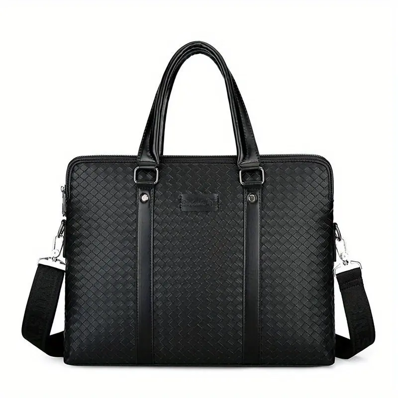 Men's Business Casual PU Leather Woven Briefcase Laptop Bag - Large Capacity with Multiple Compartments, Adjustable Shoulder Strap & Top Handle, Sleek Black for Office, Travel, Everyday Use, Computer Laptop Carry Bag, Durable Woven Texture 5