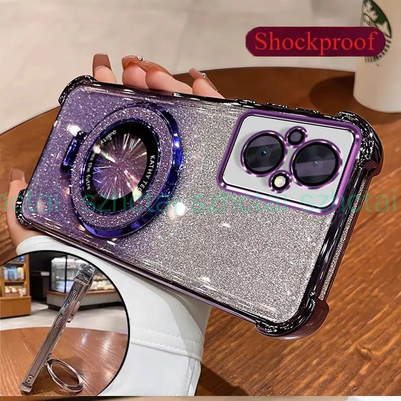 Casing for OPPO Reno 7z 5G Reno 8z 5G Four Corners Shockproof Plating Glitter Phone Case Magnetic Suction Full Coverage With Bracket Crystal Bracelet