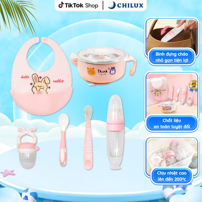 Bộ dụng cụ ăn dặm cho bé Chilux F2 - Chén nhựa muỗng bình đựng cháo túi tập nhai yếm ăn dặm