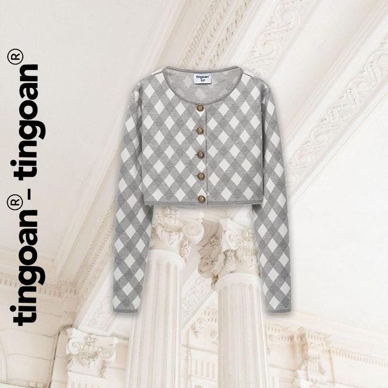 TINGOAN  - Áo cardigan set len xù crop kẻ quả trám có quây xám tingoan LOVE YOU BACK CARDIGAN/GR PHIÊN BẢN MỚI t6.2024