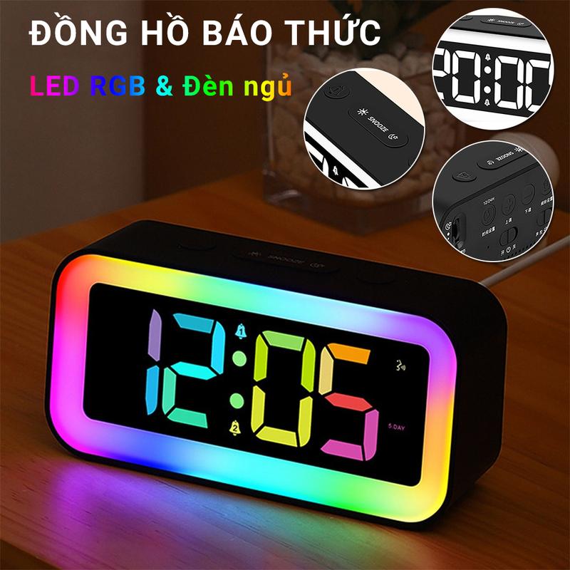 Đồng hồ báo thức LED RGB Phiên bản mới nhất 2023 - Hiển thị đèn LED và ánh sáng màn hình toả ra xung quanh siêu đẹp - Phù hợp Decor phòng làm việc, phòng ngủ - 2 Chế độ báo thức - Active bằng âm thanh - Bảo hành 12 tháng Trang Trí Nhà Treo Tường