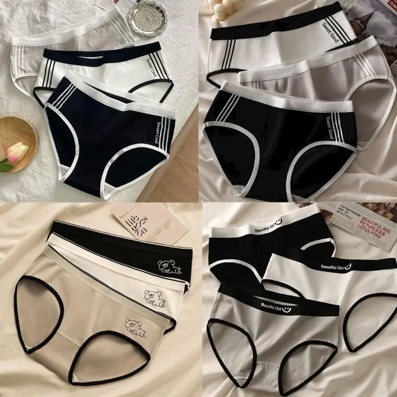 set 10 quần lót cotton nữ thiết kế họa tiết chữ sweet sọc và họa tiết gấu cute mềm mát Women Sọc Kẻ Thun 0