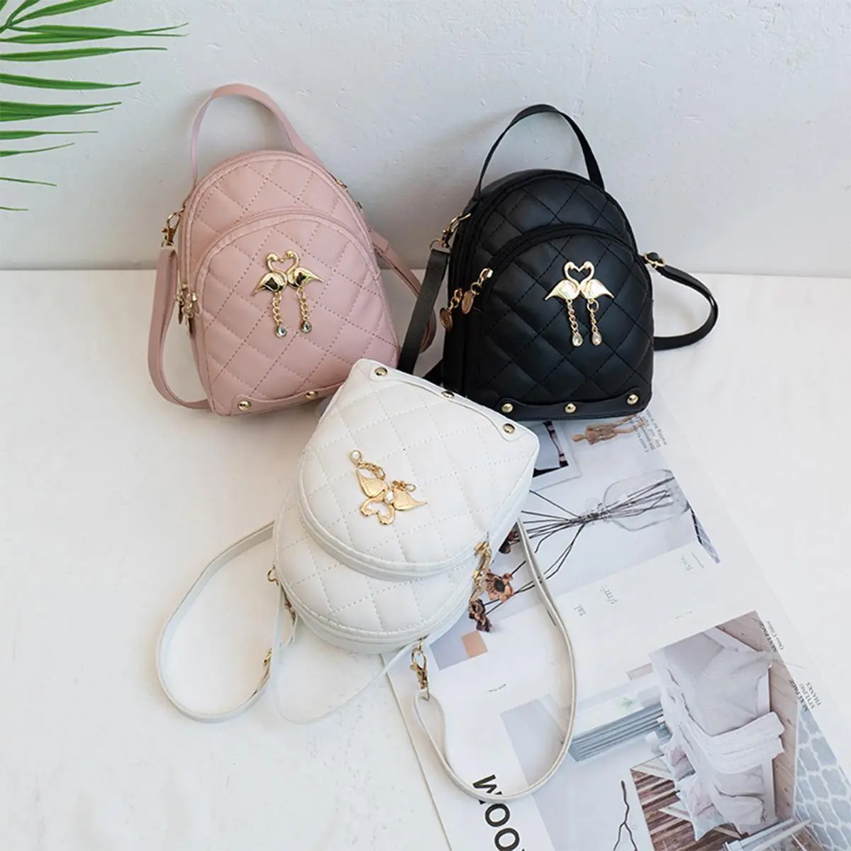 Mini Backpack for Women Cute Swan Hanging Embroidery Small Backpack Purse Girls Leather Bookbag Ladies Satchel Bags