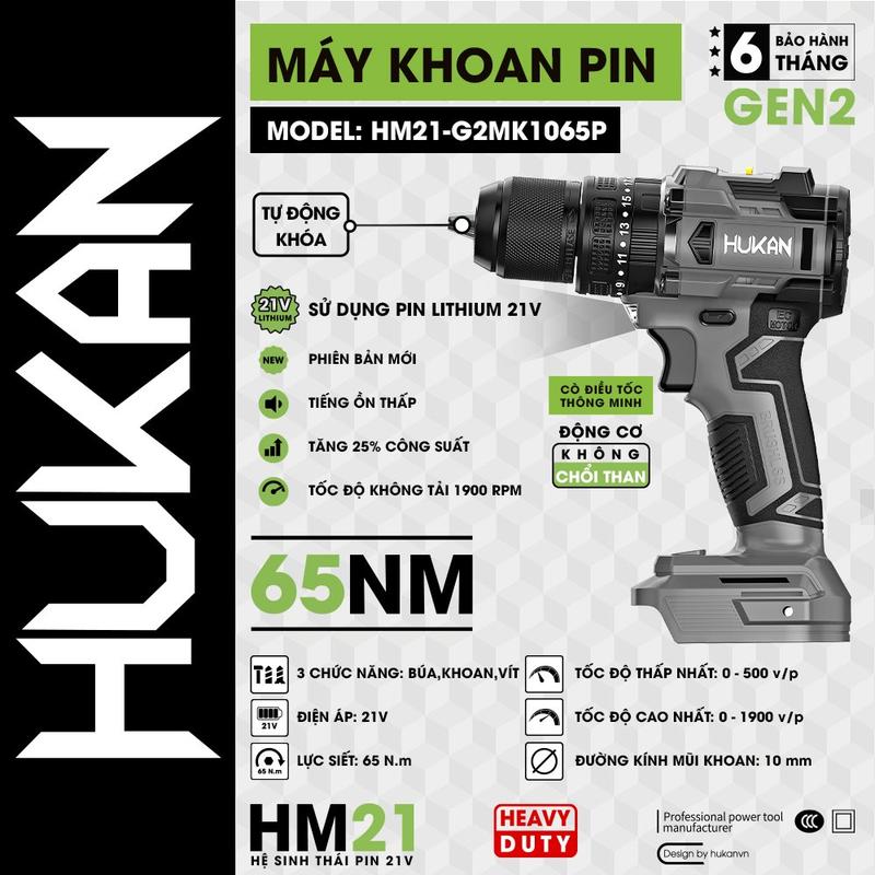 Thân Máy Khoan Pin Hukan HM21-G2MK1065P, Khoan 3 Chức Năng, Đầu Kẹp 10mm, Không Chổi Than Chân Pin Phổ Thông