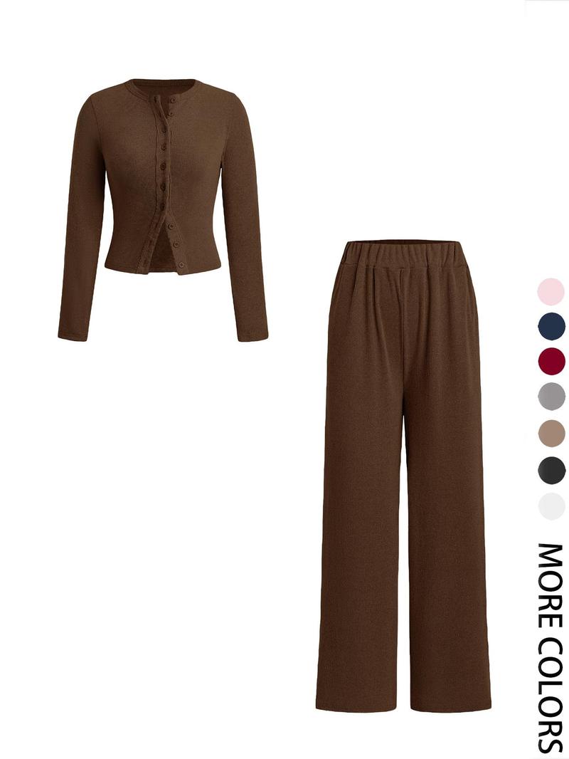 Product Introduction of Two-piece Set Women's Solid Button Front Ribbed Crop Top & Elastic Waist Pants, Casual Long Sleeve Round Neck Top & Trousers 2 Piece Set for Spring & Fall, Women's Clothes for Daily Wear, Sassyandclassyclothing 11