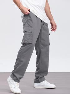 Men's Solid Pocket Drawstring Waist Cargo Pants, Street Fashion Regular Fit Zipper Design Trousers for Daily Wear, Men's Bottoms for All Seasons