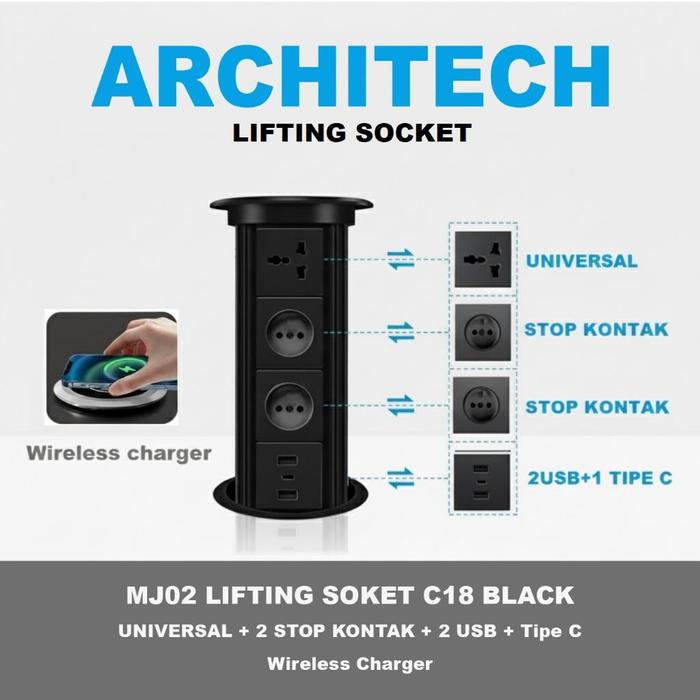 Gambar ARCHITECH MJ02  LIFTING SOKET C18 WIRELESS CHARGER BLACK STOP KONTAK MEJA dari ARCHITECH INDONESIA Kota Administrasi Jakarta Utara Tokopedia
