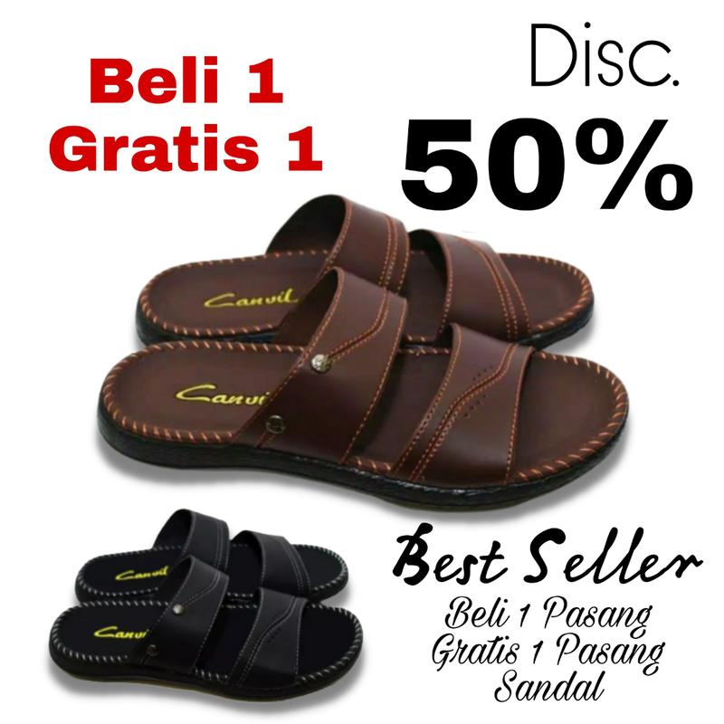 SANDAL PRIA COWOK CASUAL BELI 1 GRATIS 1  PROMO Sendal Slop Kulit Pria Japit Slop Selop Jepit 0