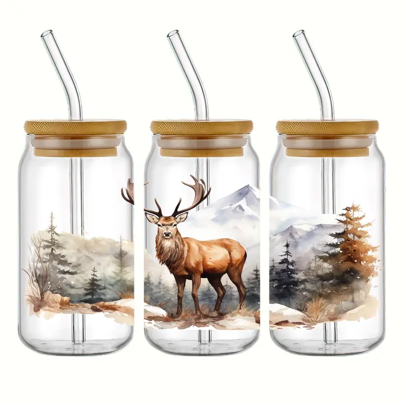 Uv Dtf Transfer Elk in Forest Design Sticker, 5 Counts Deer Pattern Sticker, Self Adhesive Waterproof Sticker, DIY Warp Sticker for 16oz Glass Cups 2