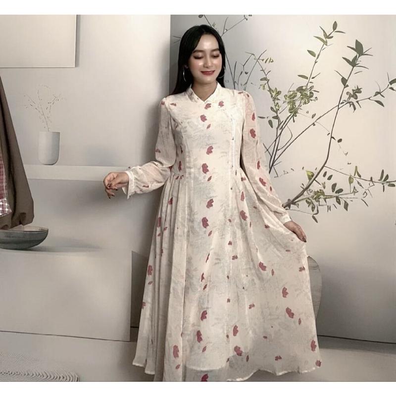 CHICMORE Gaun Elegant Motif cantik gaya retro lengan panjang - Shop ...