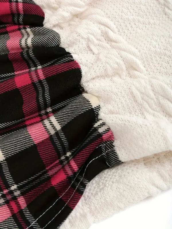 Women's Plaid Print 2 In 1 Ruched Fake Buttons Hoodie, Casual Textured Long Sleeve Hooded Sweatshirt for Fall & Winter, Women's Clothing for Daily Wear 3