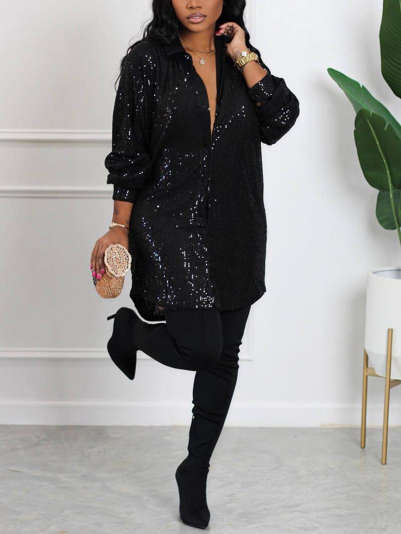 Product Introduction of Women's Glitter Sequins Button Front Shirt Dress, Elegant Long Sleeve Collared Short Dress for Party Club Dating Wear, Ladies Spring & Fall Clothes Fancy Dress Adult, Curve Fashion, Dresses for Women, Holiday Dresses 1