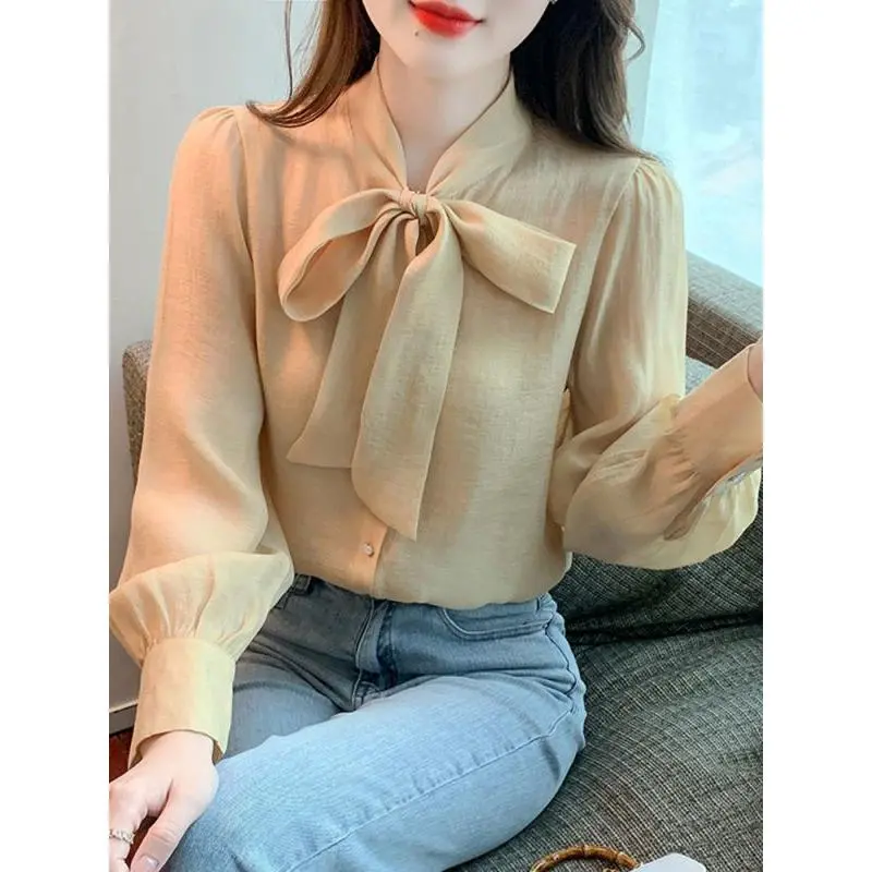 Áo Sơ Mi Voan Dài Tay, Thiết Kế Nơ Cao Cấp, Dành Cho Nữ, Bộ Sưu Tập Mùa Thu 2024, Phong Cách Phương Tây Dễ Phối Đồ Hàng Mới Về, Áo Sơ Mi Nhỏ Áo Mùa Thu 5
