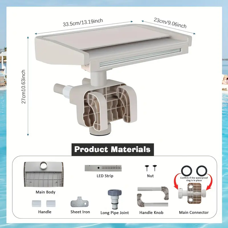 Pool Fountain Waterfall, LED Light Pool Fountain with Remote Control, Adjustable Width Fits Various Frames, Swimming Pool Frame Attachment Clamp Accessory 1